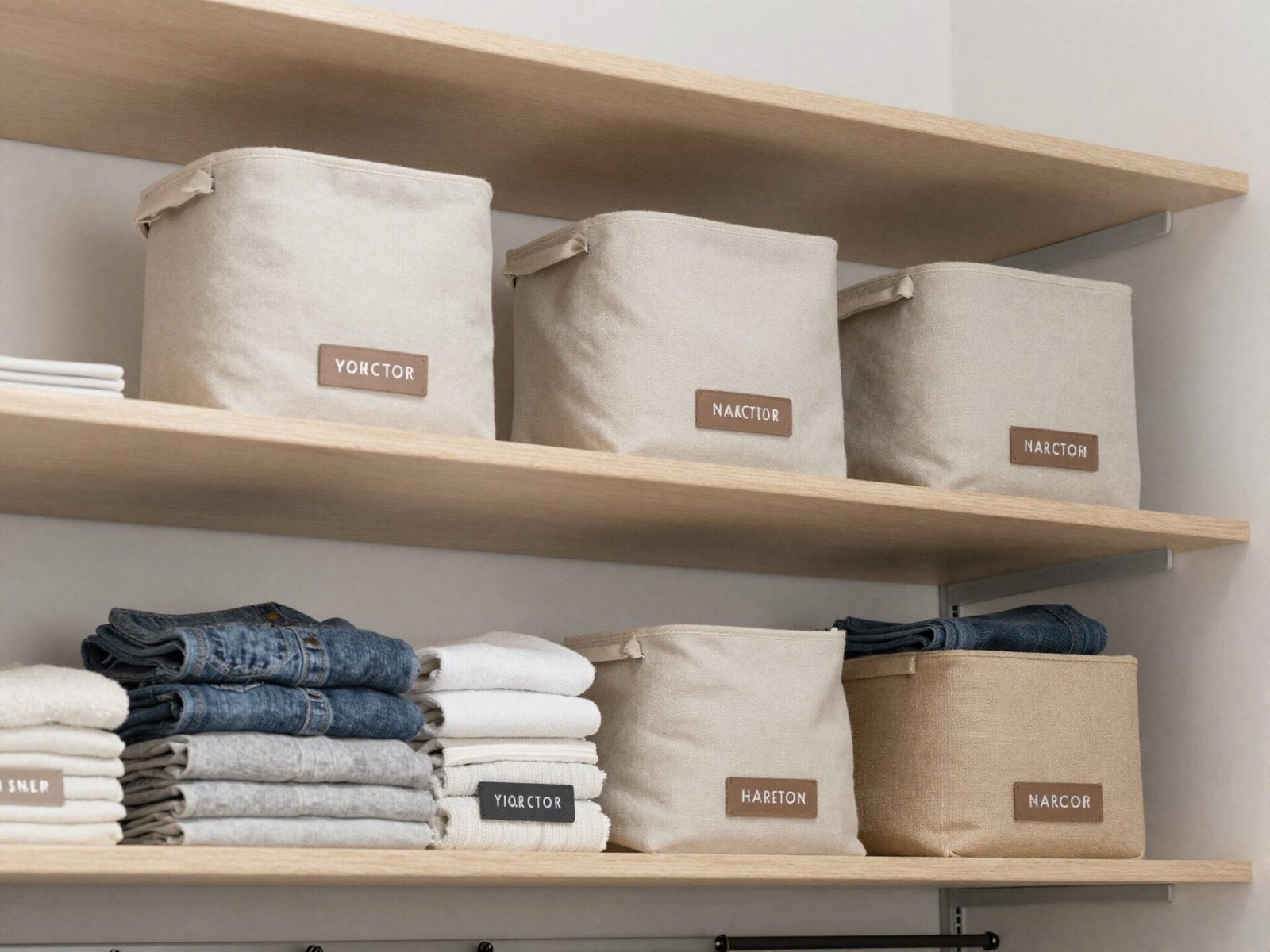 High closet shelf near the ceiling holding labeled storage bins
