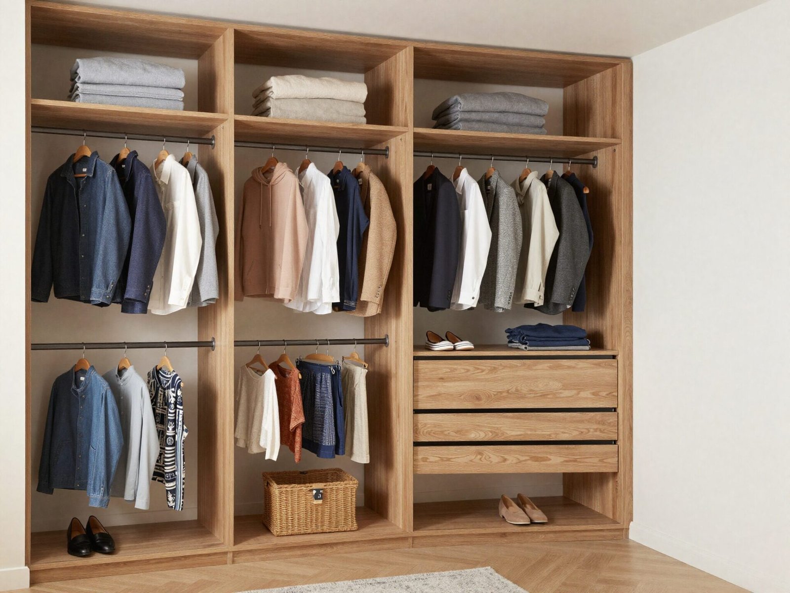 Walk-in closet zoned into sections for workwear, casual clothes, and accessories