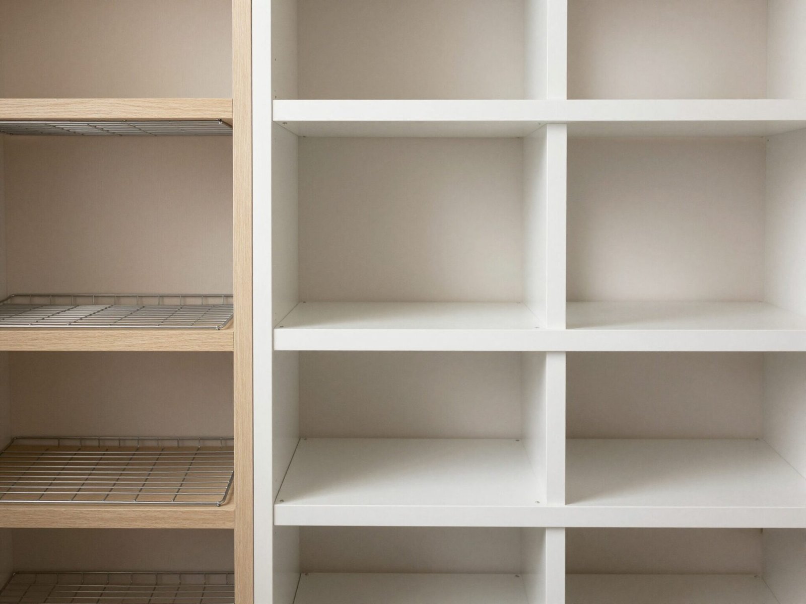 Wire, wood, and melamine closet shelf materials shown side by side
