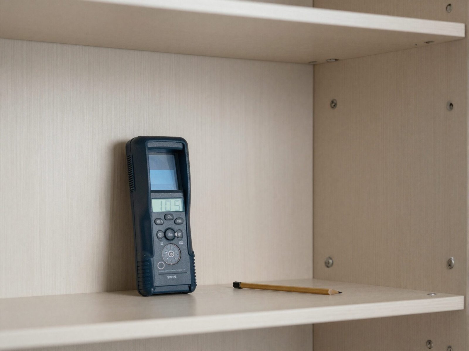 Stud finder against a closet wall with pencil marks indicating stud locations