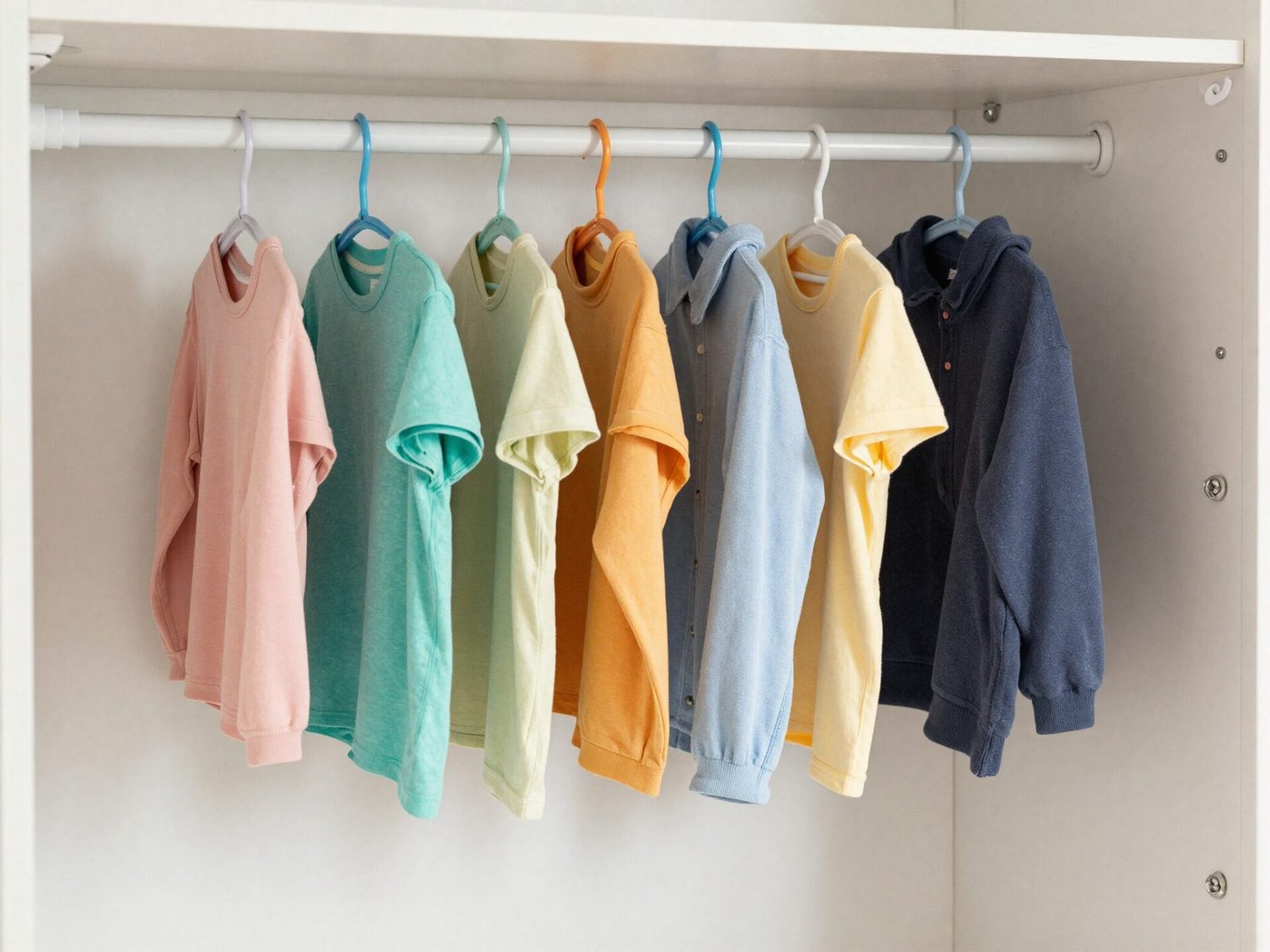 Kids closet with a low hanging rod within reach of a small child