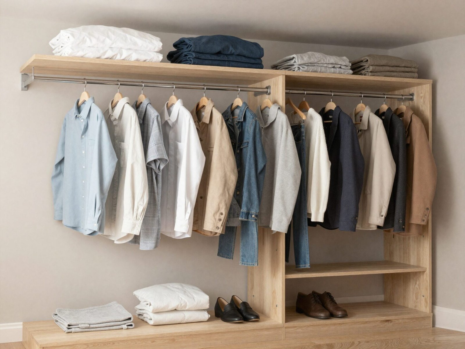 Overloaded closet rod visibly sagging under too many heavy garments