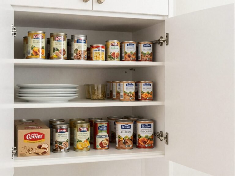 Reach-in pantry closet with shallow shelves holding canned goods and boxes