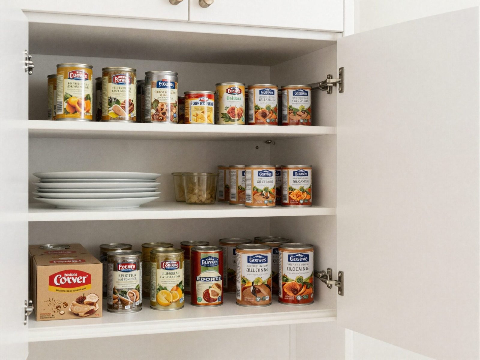 Reach-in pantry closet with shallow shelves holding canned goods and boxes