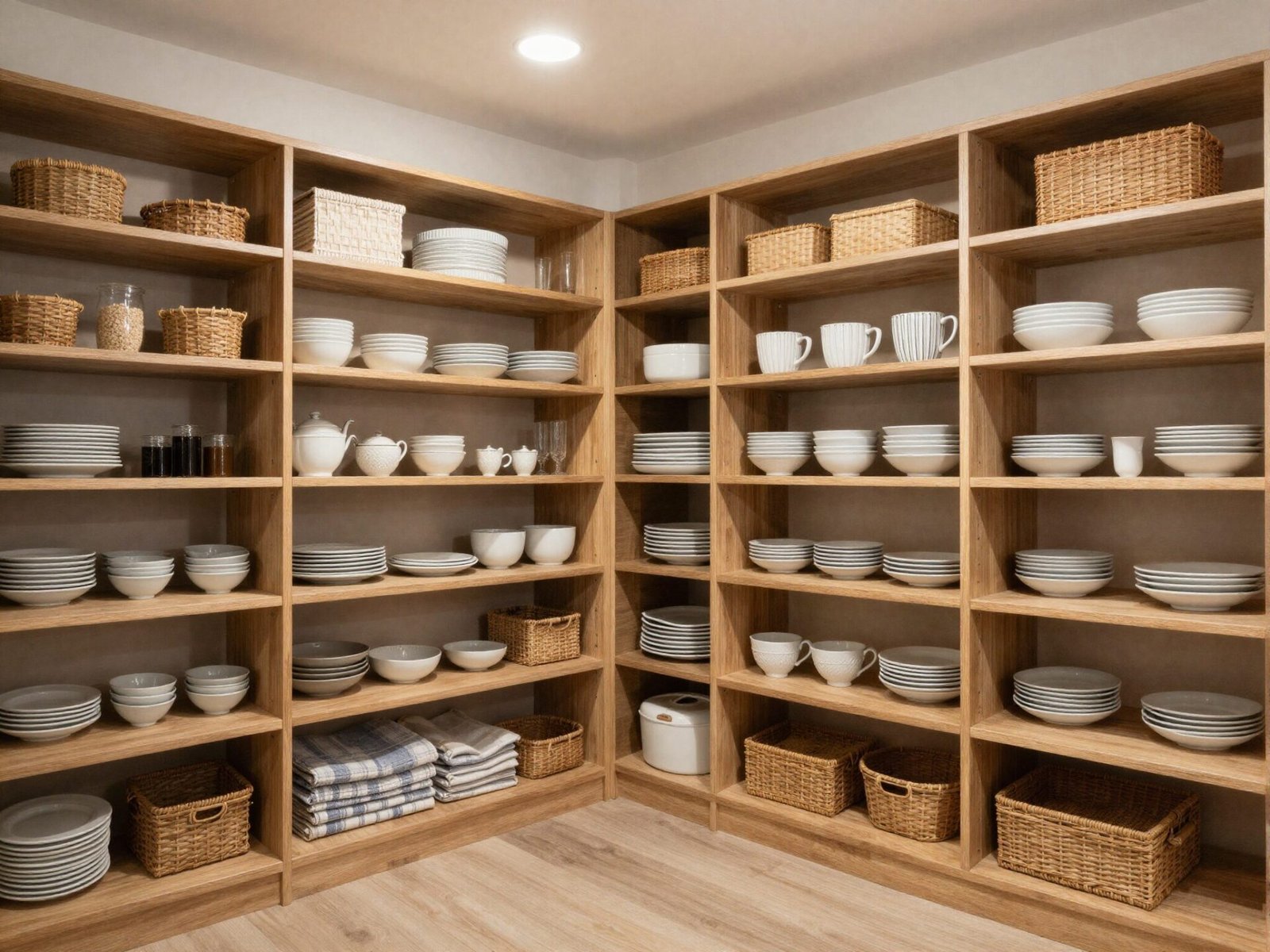 Walk-in kitchen pantry room with deep shelving on multiple walls