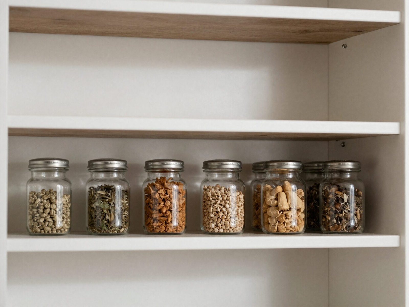 Shallow spice shelf holding small spice jars in a single visible row
