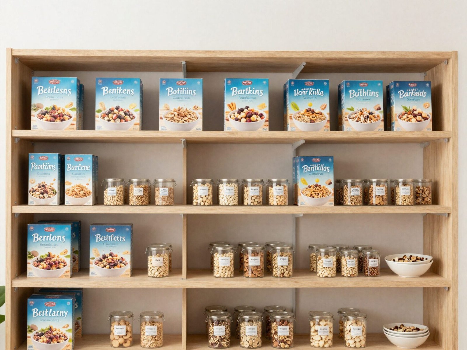 Pantry shelves spaced apart holding cereal boxes and canisters at eye level