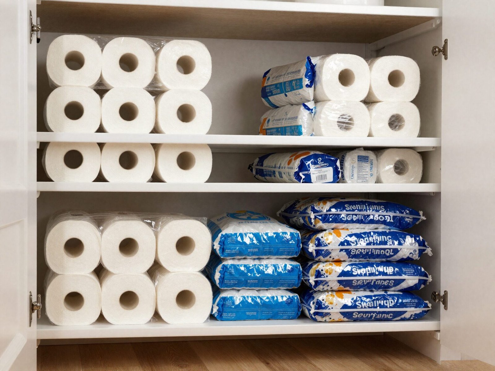 Wide bottom pantry shelf holding bulk items like paper towel packs