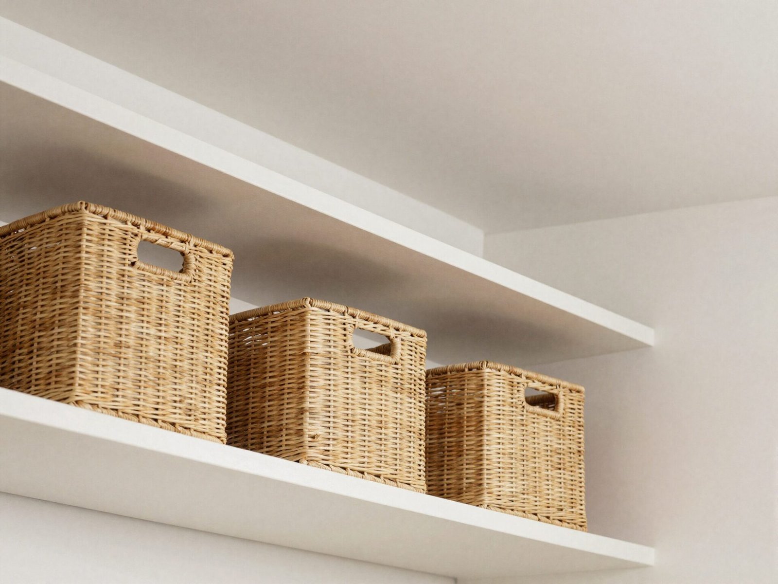 High pantry top shelf holding lightweight woven baskets