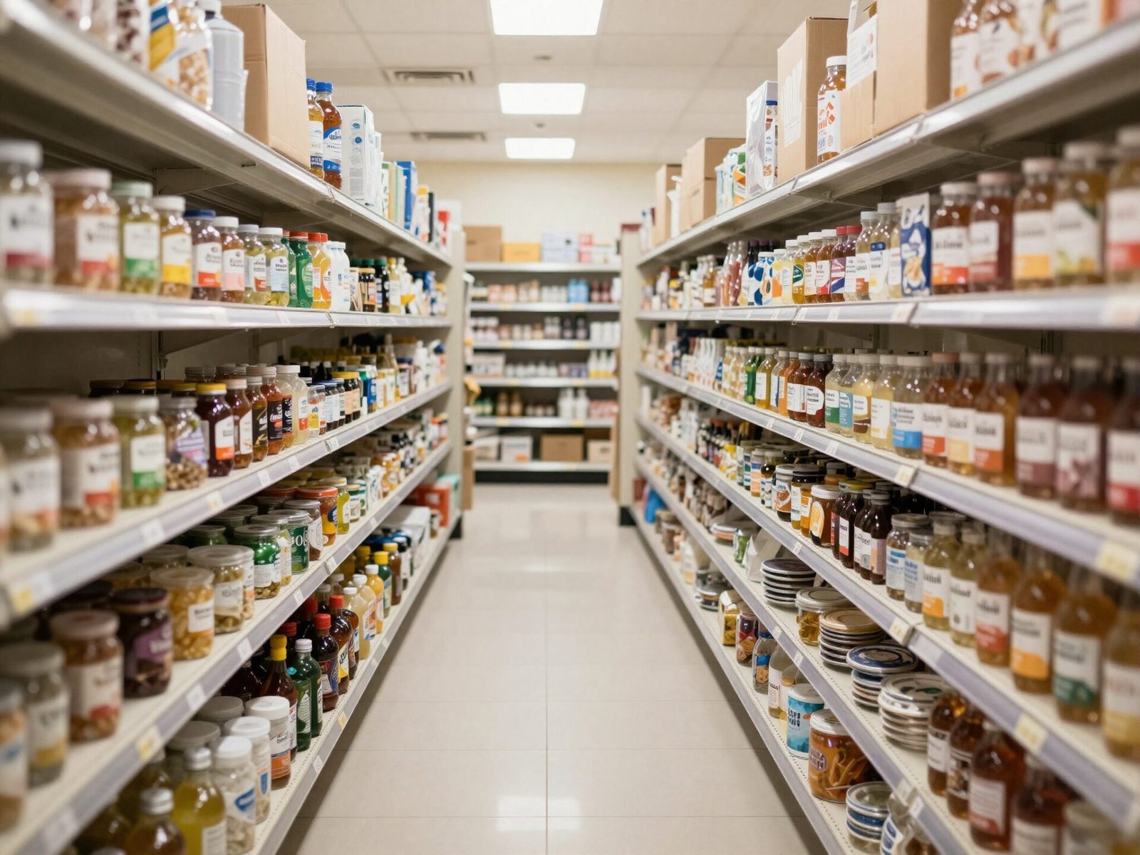 Walk-in pantry with a wide clear aisle walkway between shelving on both sides