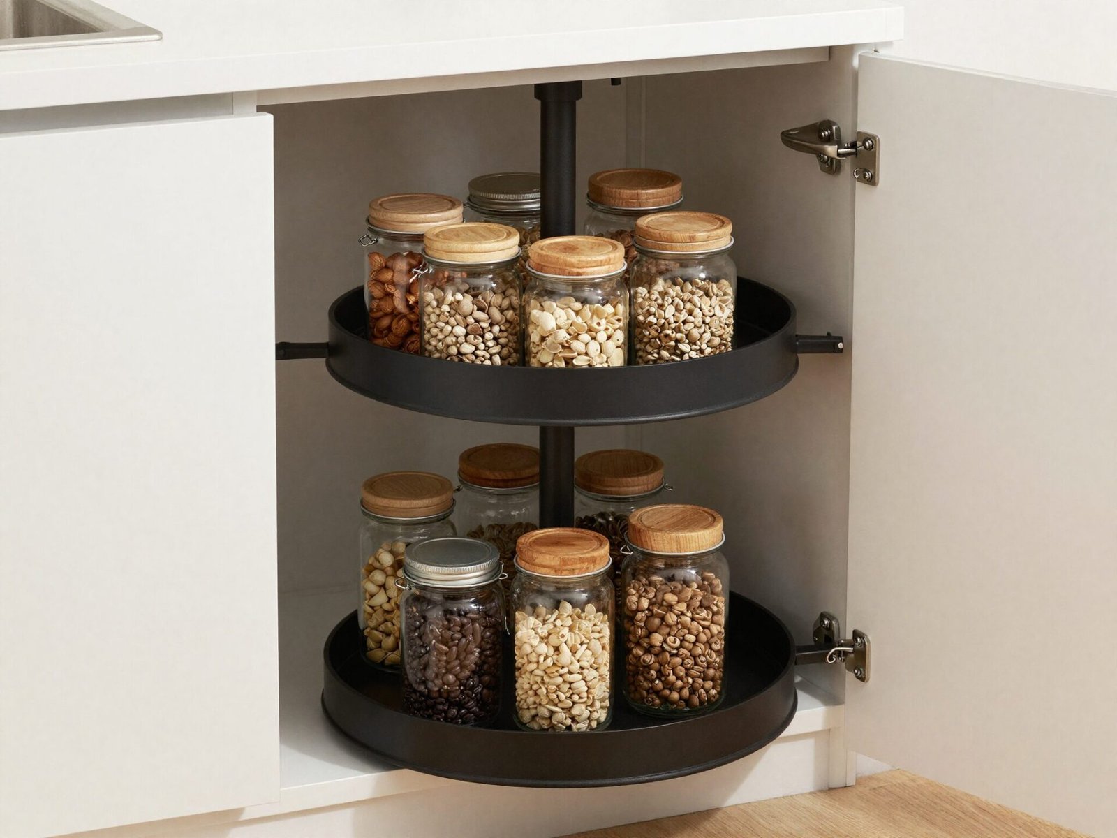 Pantry corner cabinet with a lazy susan turntable organizer holding jars