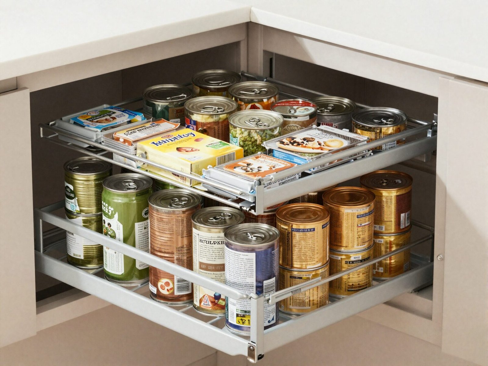 Pantry pull-out drawer shelf extended forward showing organized canned goods