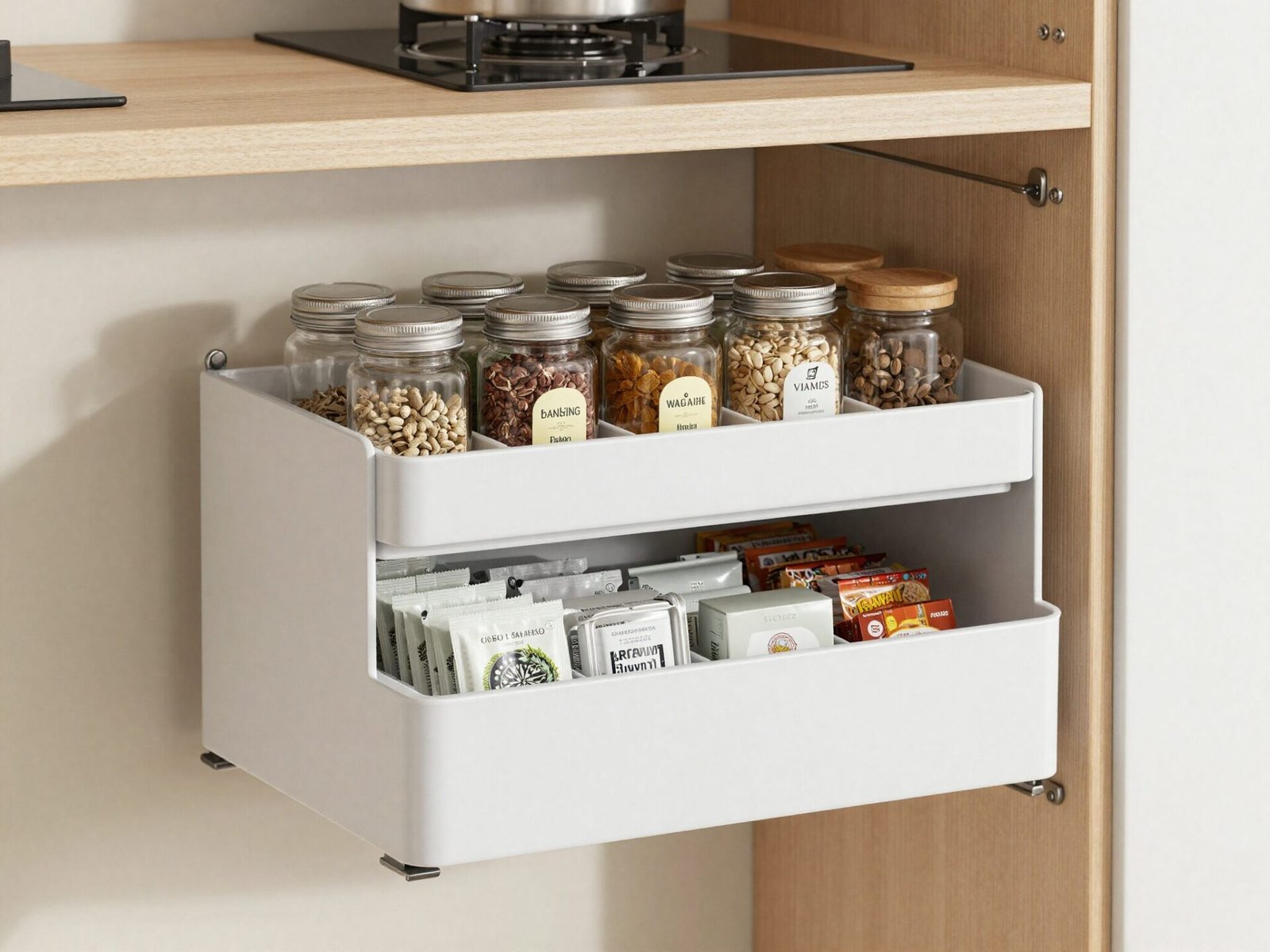 Pantry door with a mounted over-the-door organizer holding spice jars