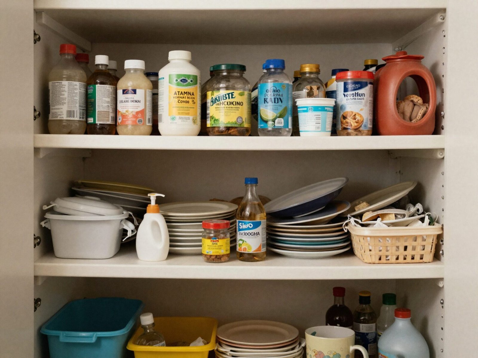 Overcrowded pantry shelf with items pushed to the back and forgotten