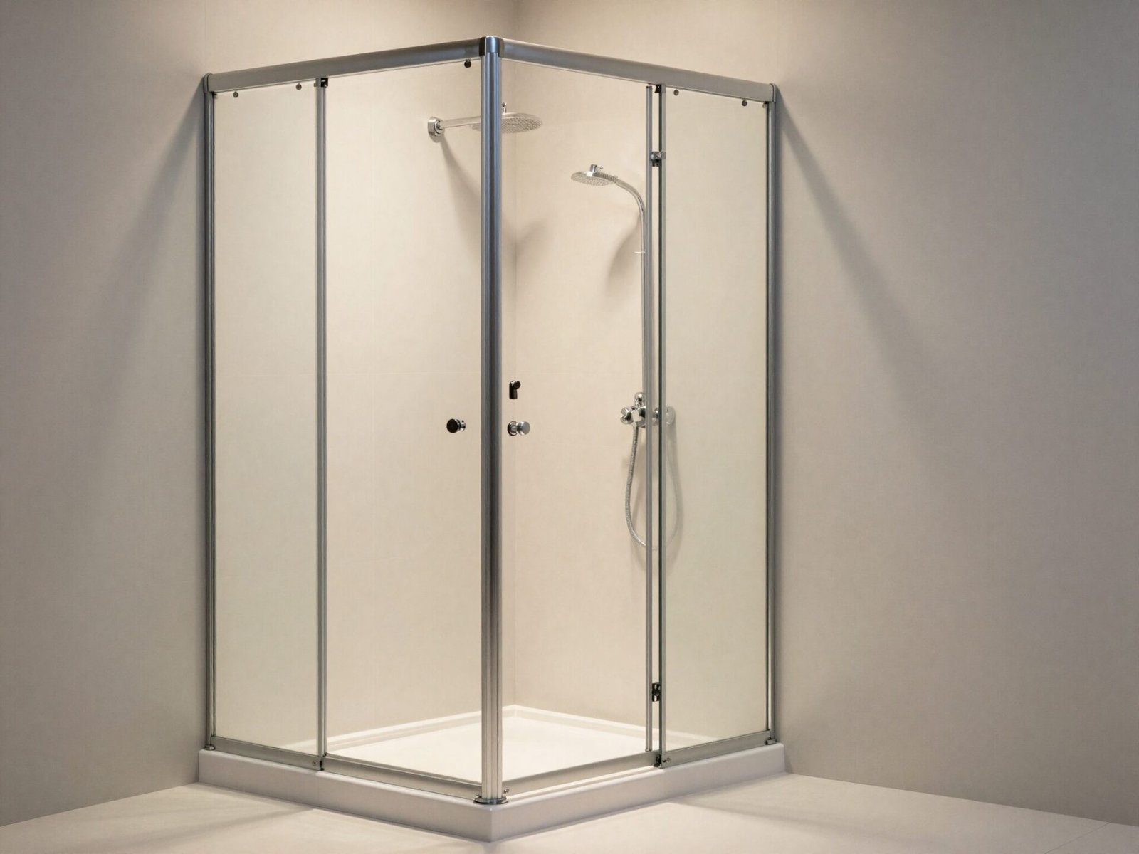 Compact 30 by 30 inch shower stall in a small bathroom corner