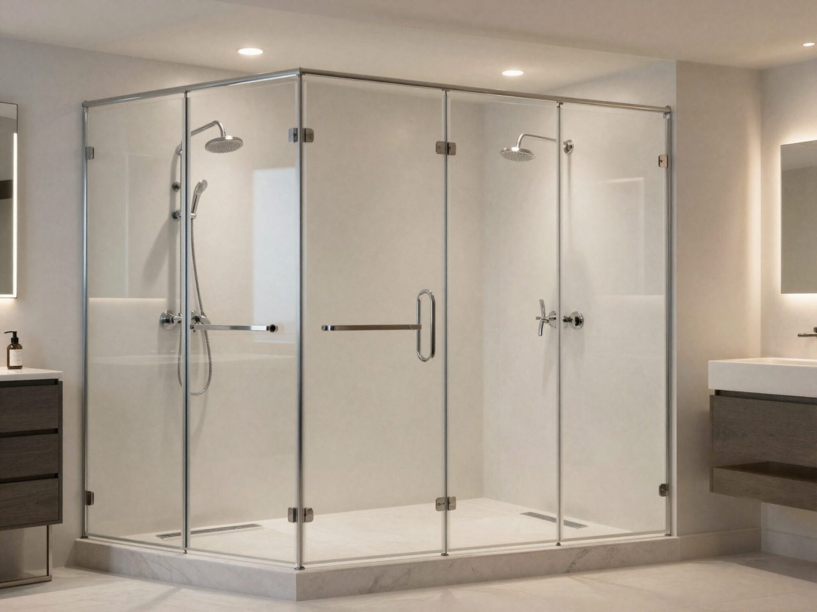 Large two-person walk-in shower with dual showerheads
