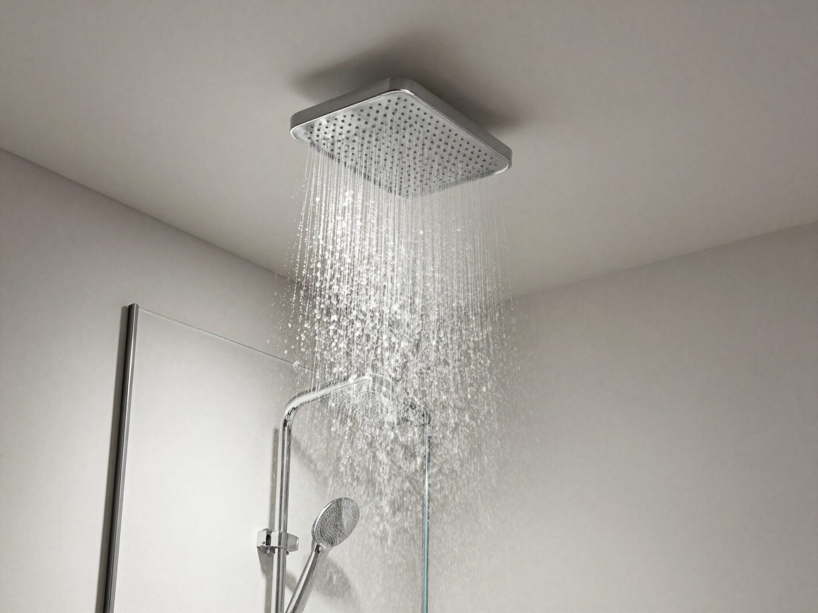 Tall ceiling shower with high overhead clearance