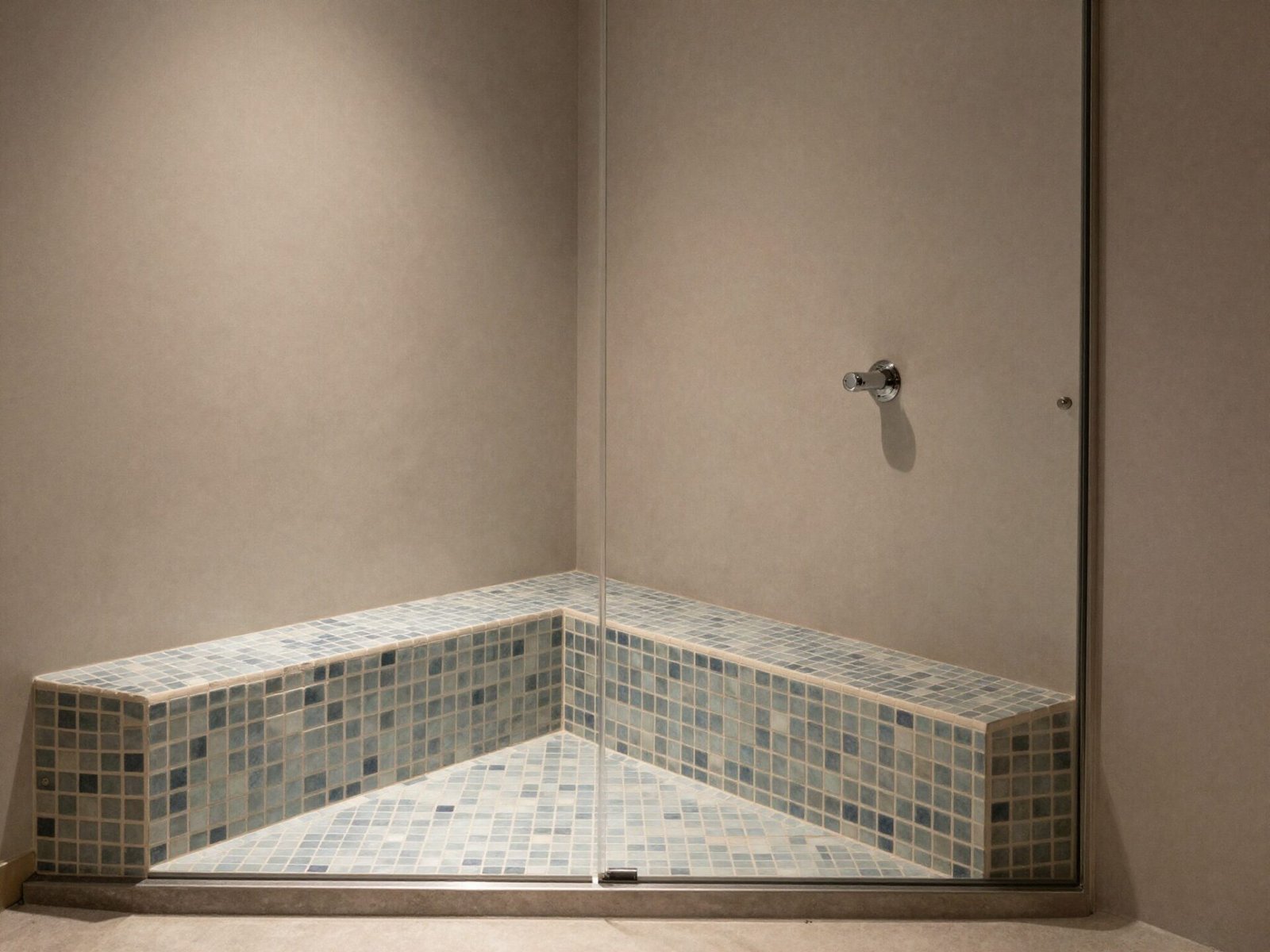 Walk-in shower with a built-in tiled bench seat along one wall