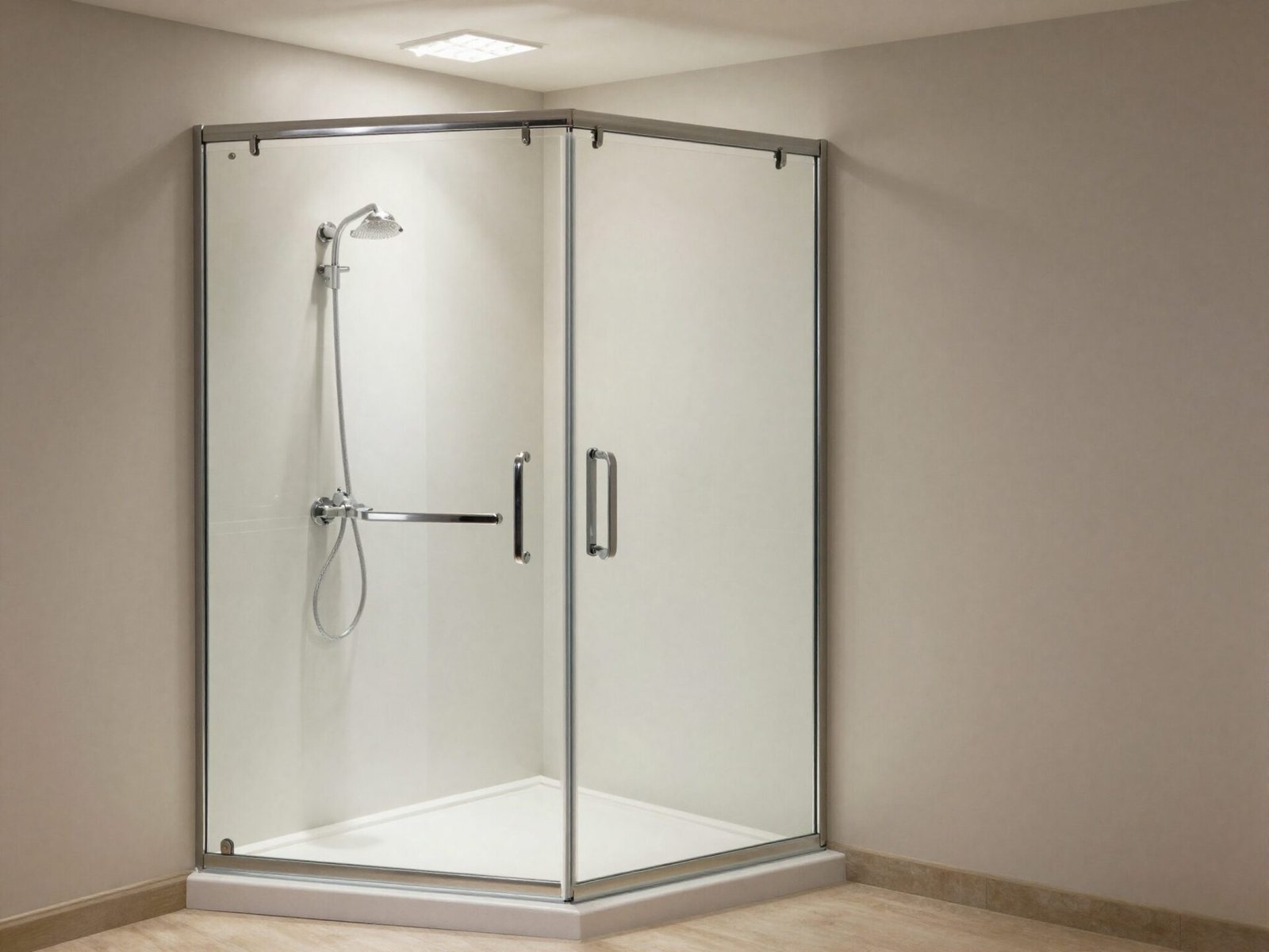 Glass shower swing door open showing the clearance space it needs