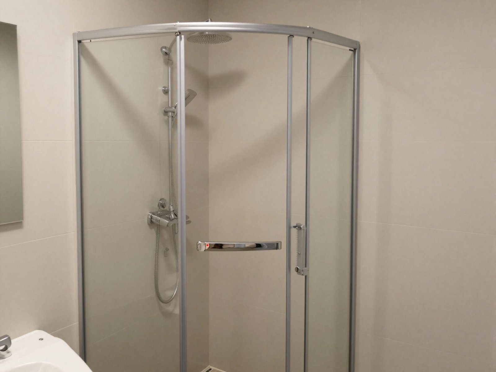 Small bathroom with a space-efficient corner shower unit