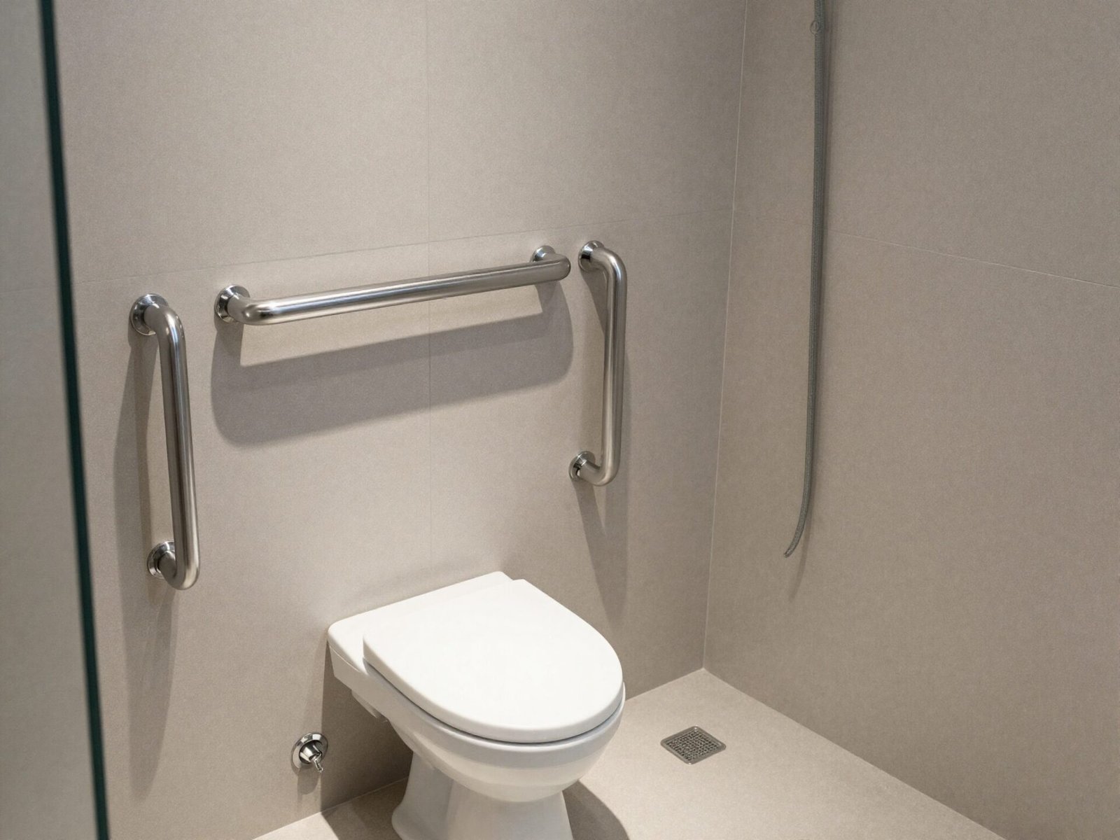 Accessible bathroom shower with grab bars and a built-in seat