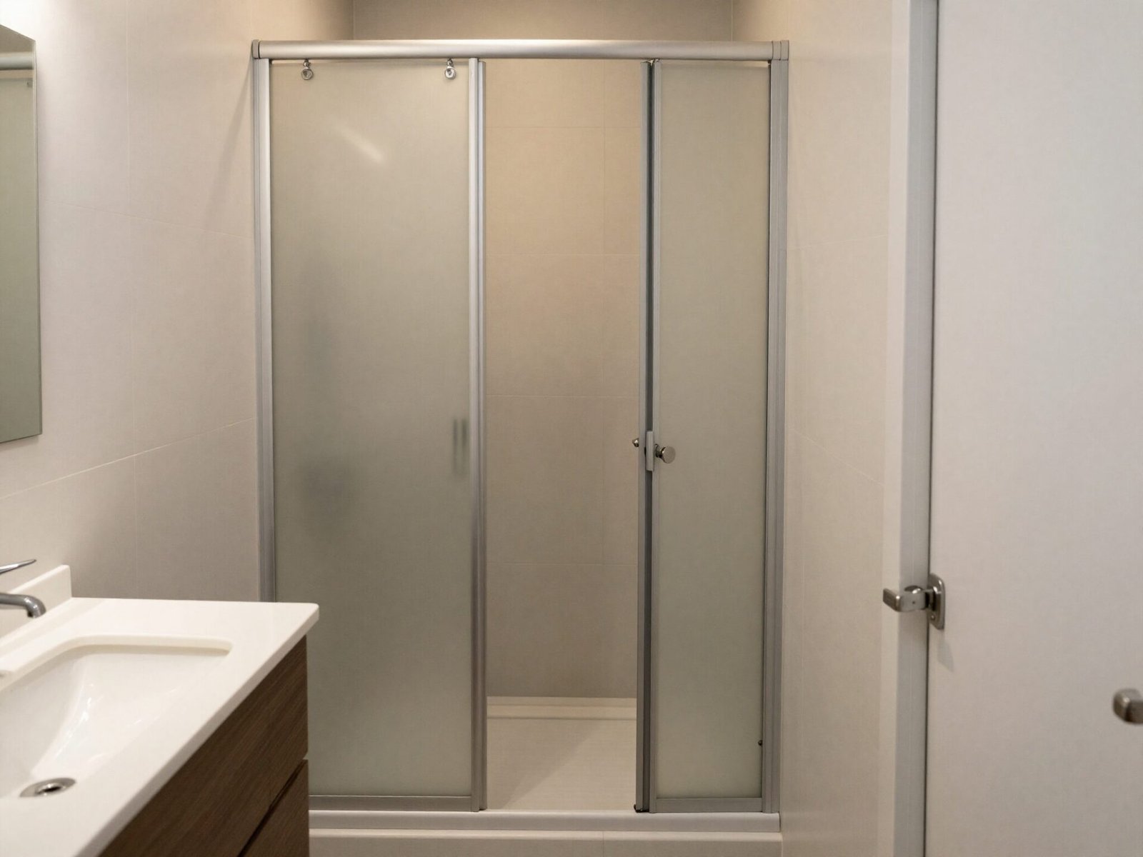 Cramped poorly planned shower with door swing blocked by a nearby vanity