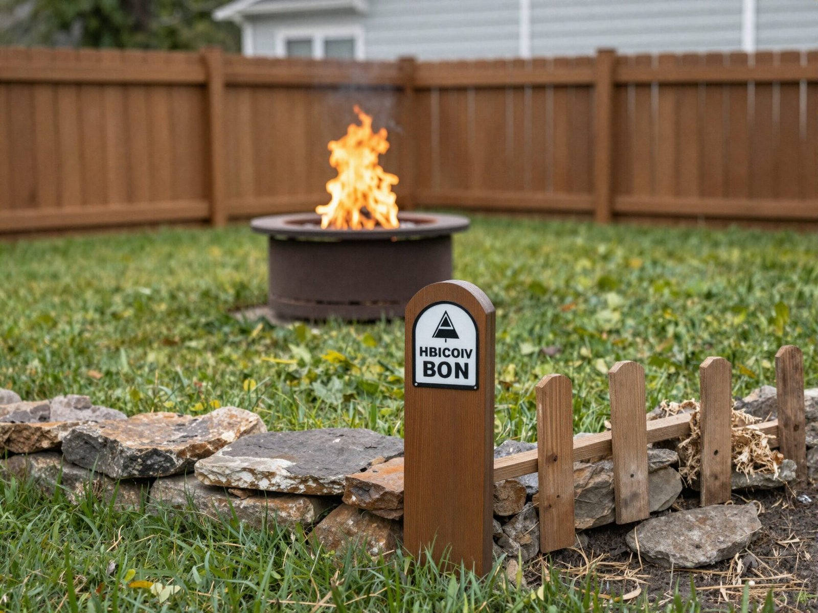 Fire pit set back a measured distance from a backyard property line fence