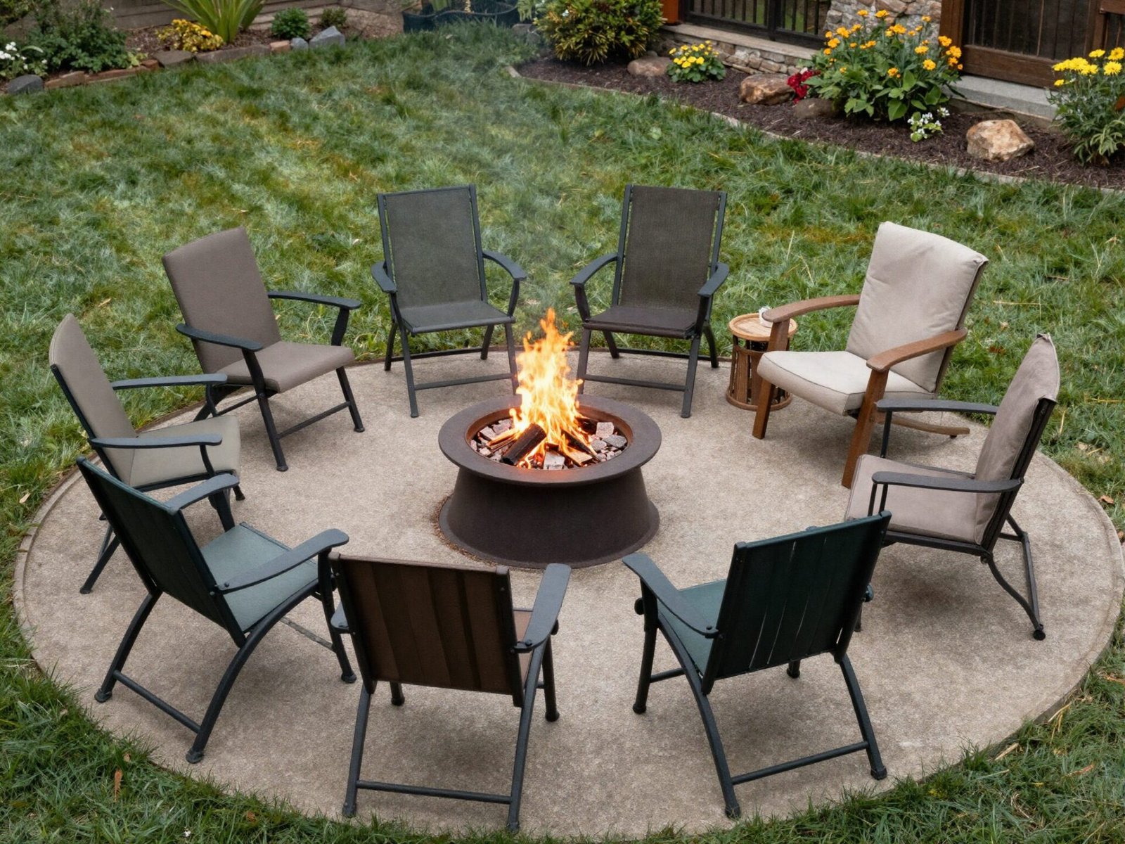 Chairs arranged in a circle around a backyard fire pit at a measured distance