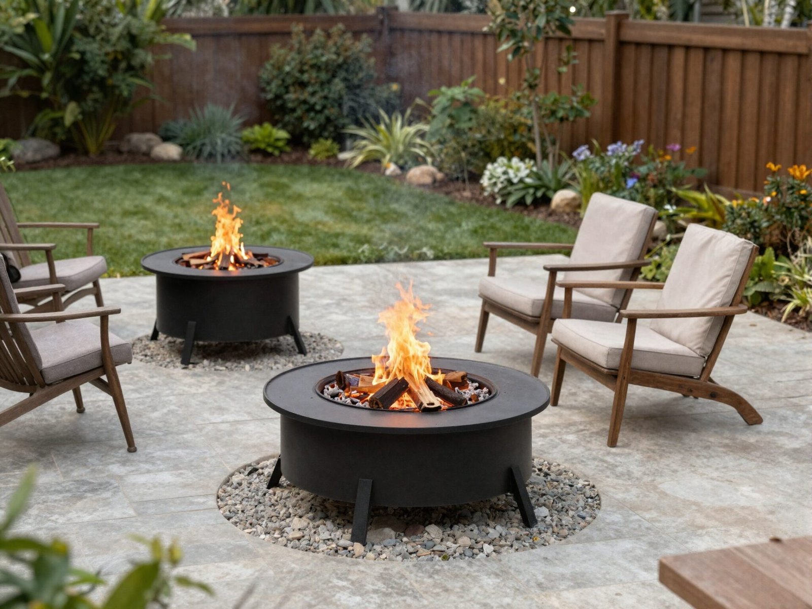 Comparison of a small and a large round fire pit on different sized patios