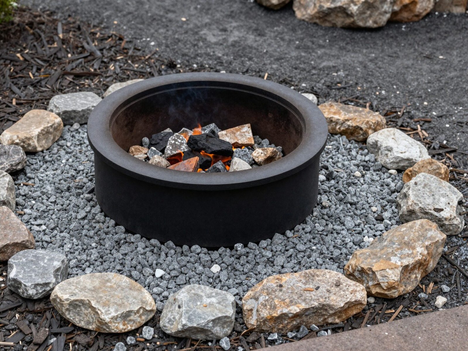 Fire pit surrounded by a ring of gravel and stone instead of mulch