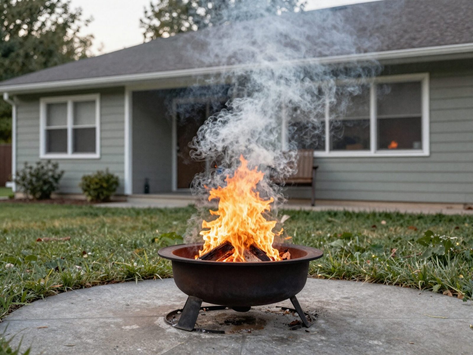 Backyard fire pit with smoke visibly blowing away from the house