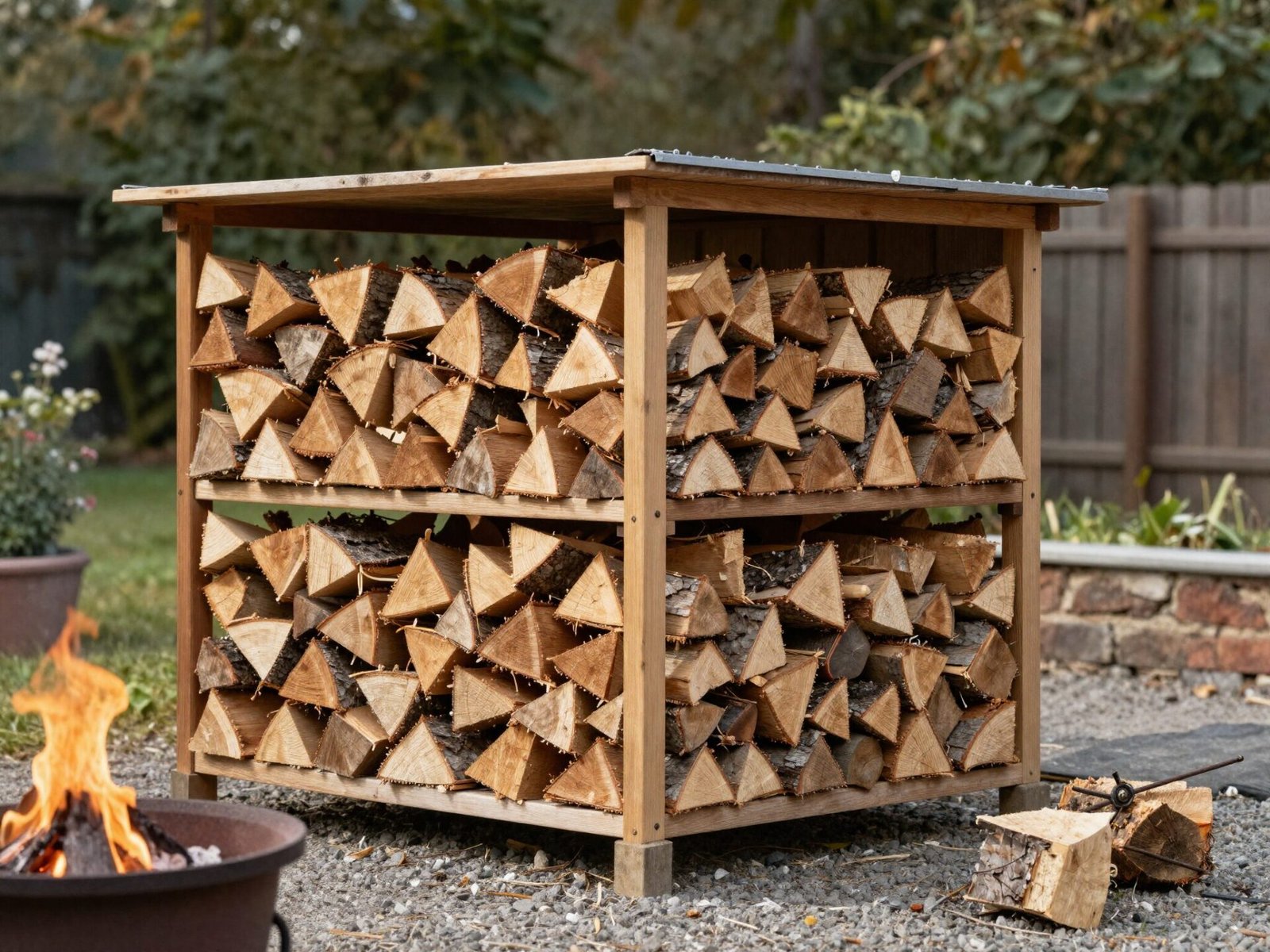 Covered firewood storage rack positioned away from a backyard fire pit