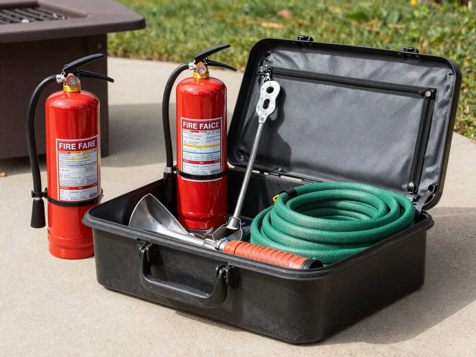 Fire safety tools kit with extinguisher, hose, and poker near a fire pit