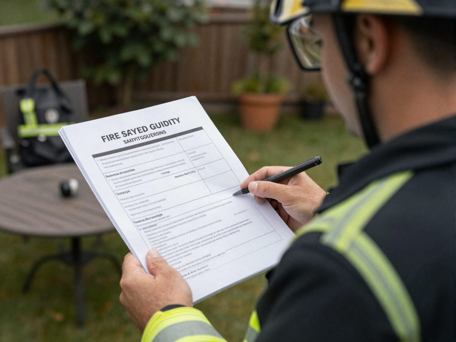 Person reviewing local fire safety guidelines outdoors near a patio