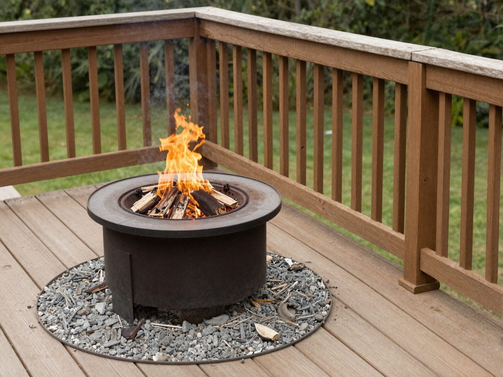 Fire pit placed too close to a wooden deck railing
