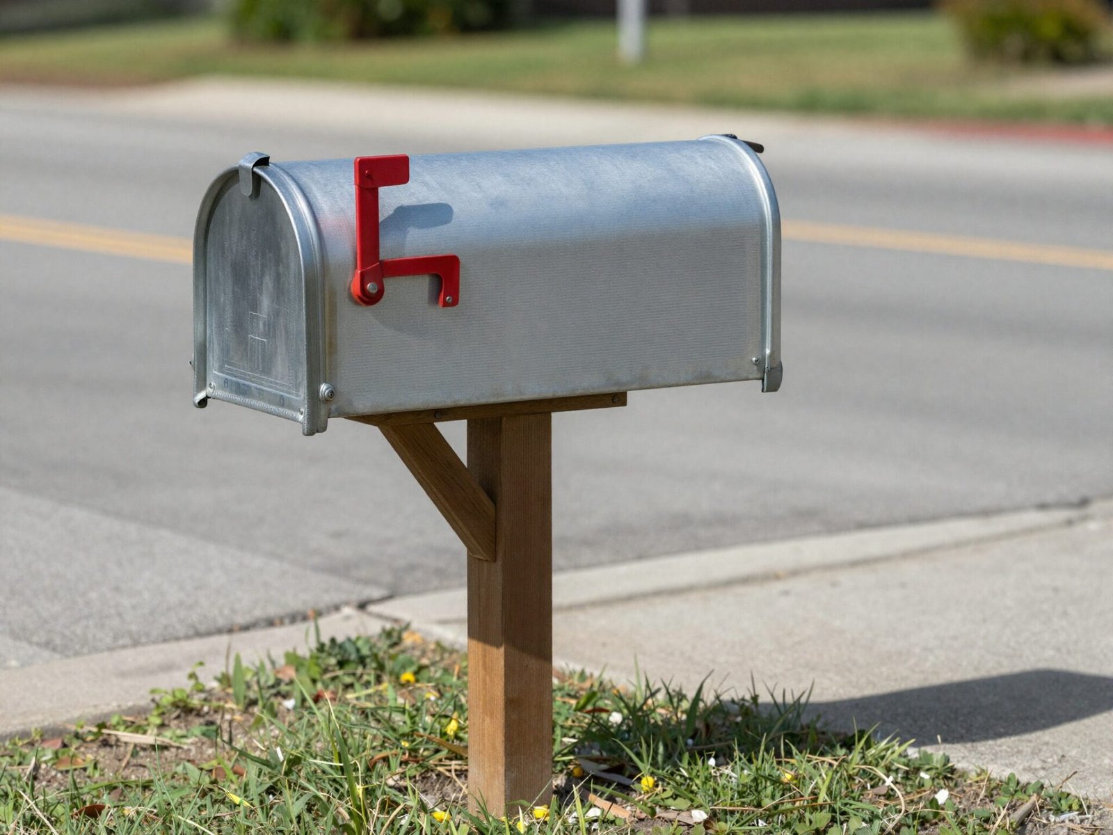 Curbside mailbox with a tape measure showing its height from the road