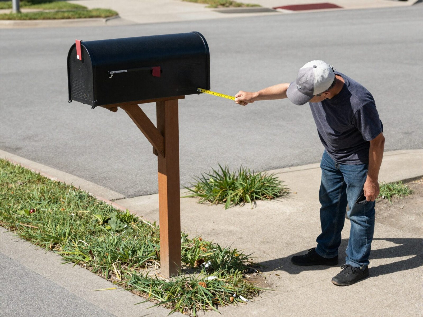 Person measuring mailbox height from the paved road surface