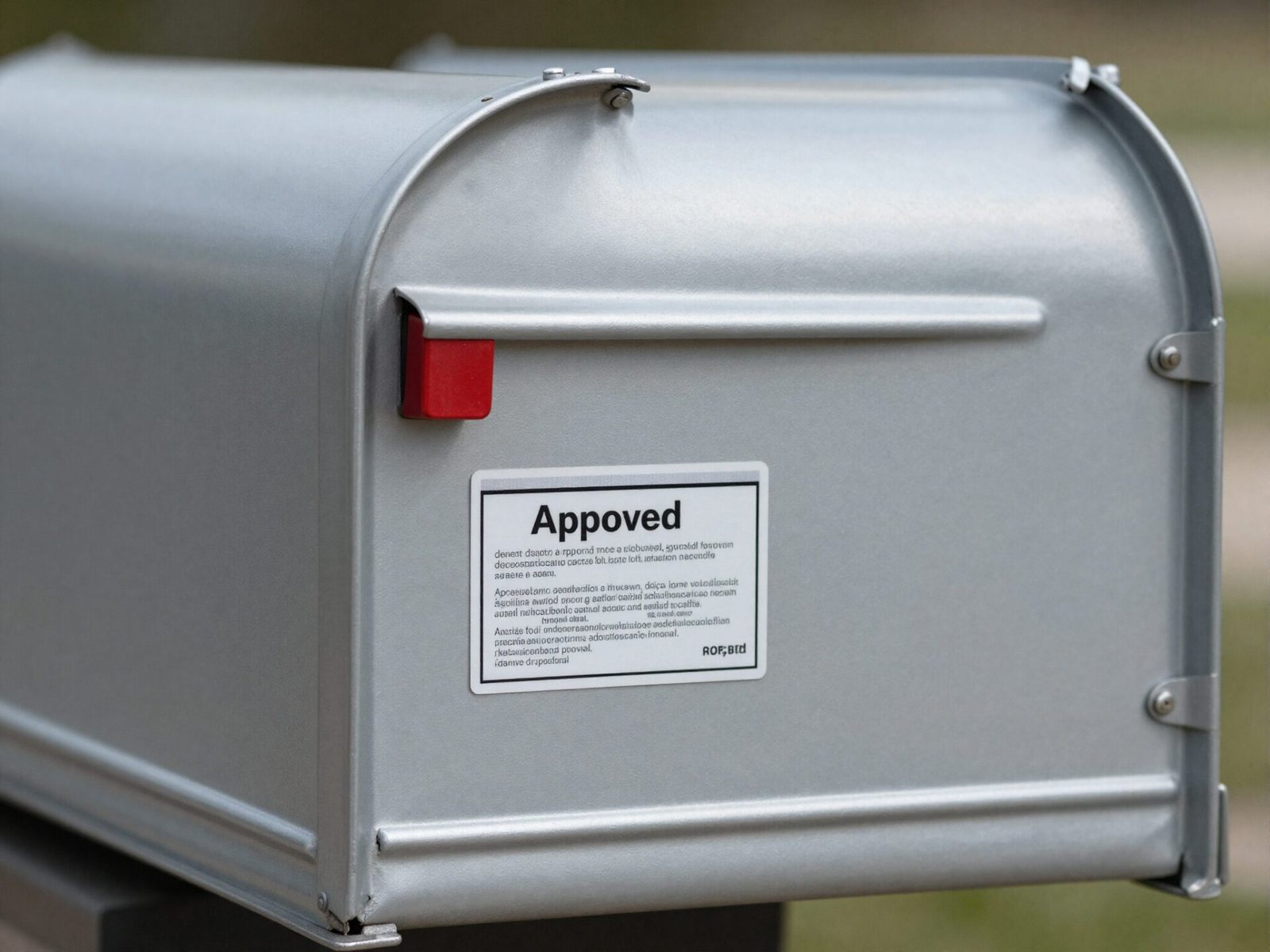 Metal mailbox with a small approval seal label