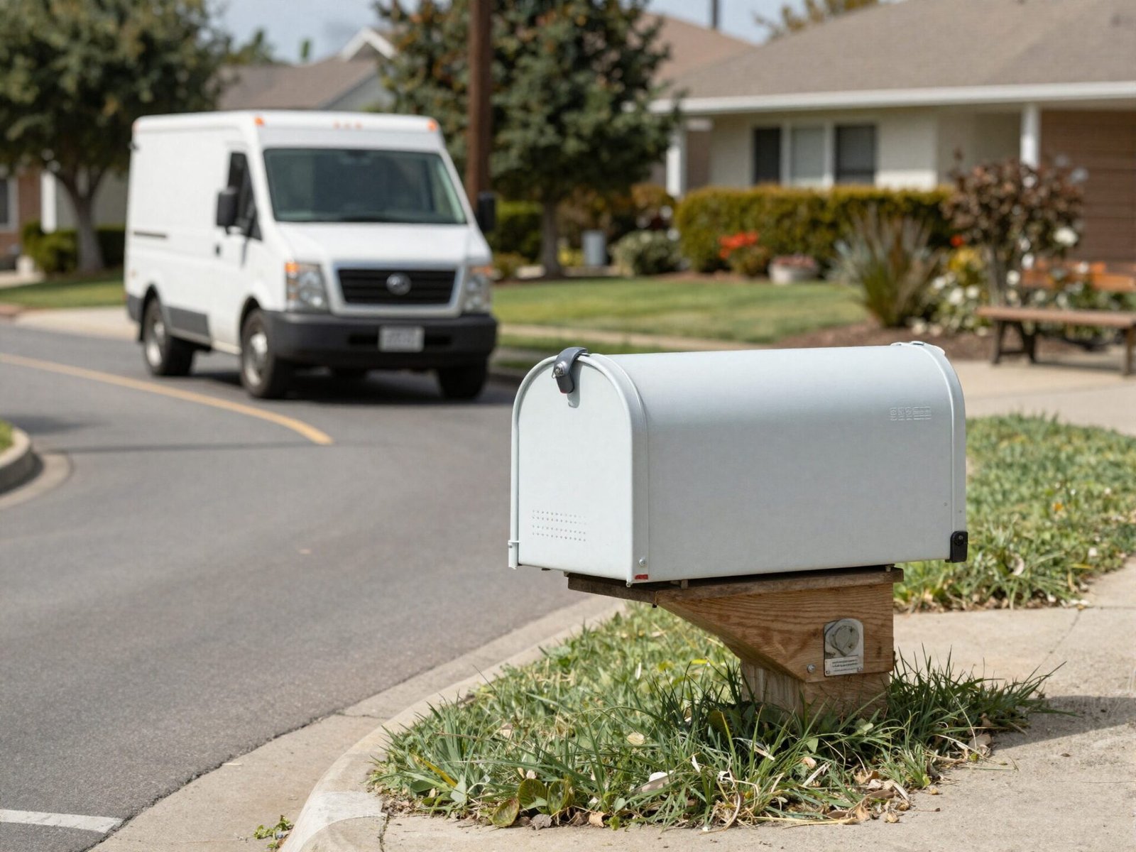 Mailbox positioned on the correct side of a residential street