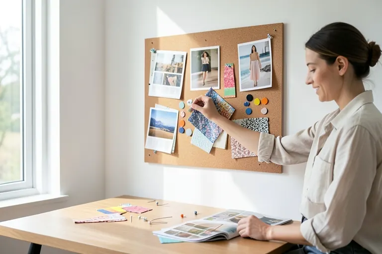 Person arranging magazine clippings and fabric swatches on a vision board.