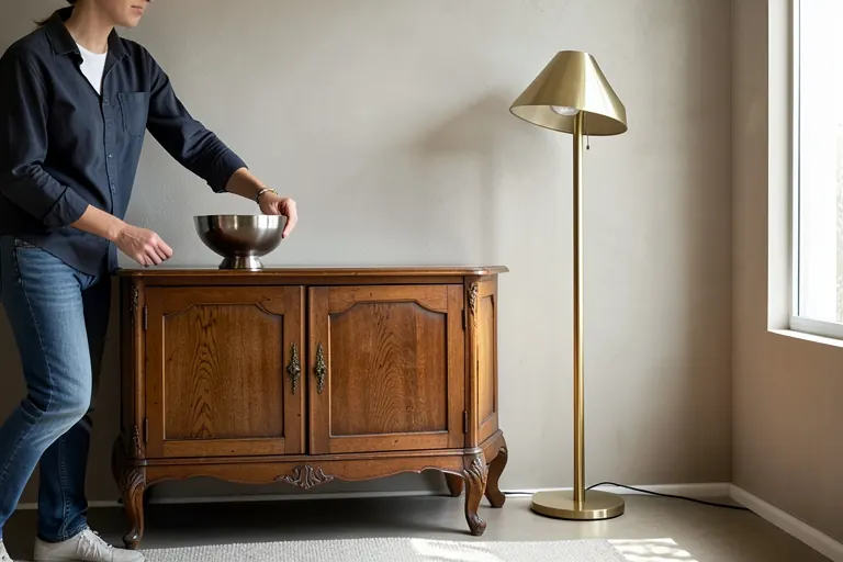 A vintage wooden sideboard paired with a sleek brass floor lamp.