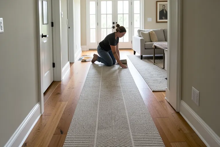A hallway with hardwood flooring that continues into the living room, linked by a patterned runner.