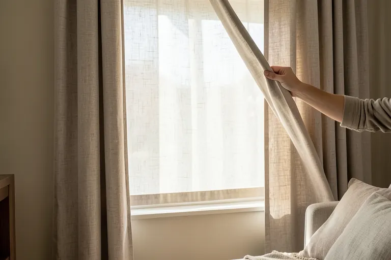 Floor‑length linen curtains paired with a sheer panel on a living‑room window.