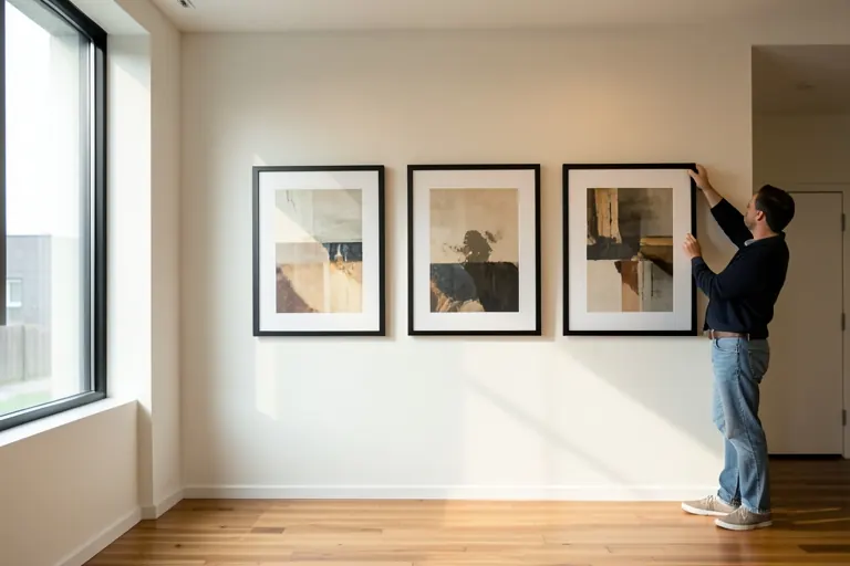 A gallery wall featuring three framed prints with matching black frames.