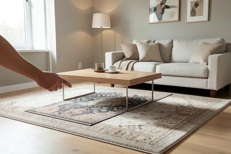 A living‑room seating area anchored by a large wool rug with a smaller runner layered on top.