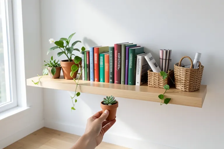 A floating shelf with neatly arranged books, plants, and woven baskets.