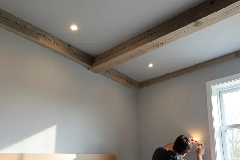 A bedroom with a light‑gray painted ceiling, faux beam wrap, and recessed corner lighting.