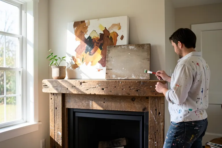 A hand‑painted canvas and a reclaimed‑wood sign displayed on a mantel.