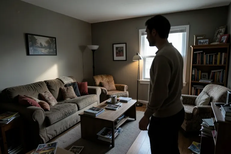 A cluttered living room with mismatched furniture and poor lighting.