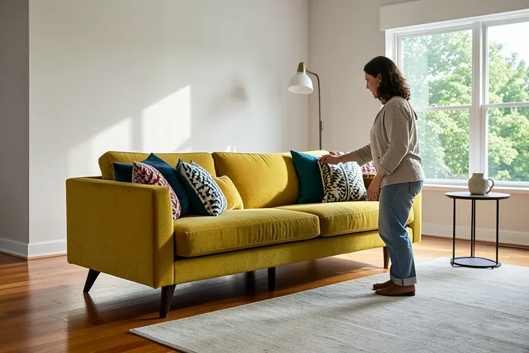 A striking mid‑century modern sofa positioned as the focal point of a living room.
